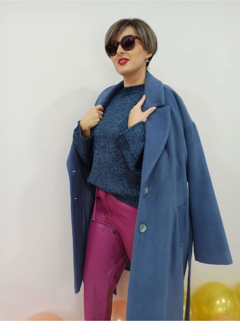Παλτό μονόχρωμο ελληνικής ραφής με κουμπιά και ζώνη γαλάζιο