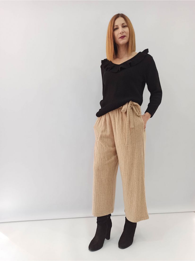 Παντελόνα ζιπ κιλότ ελληνικής ραφής μονόχρωμη με ζώνη  μπεζ