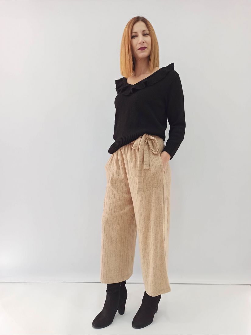 Παντελόνα ζιπ κιλότ ελληνικής ραφής μονόχρωμη με ζώνη  μπεζ