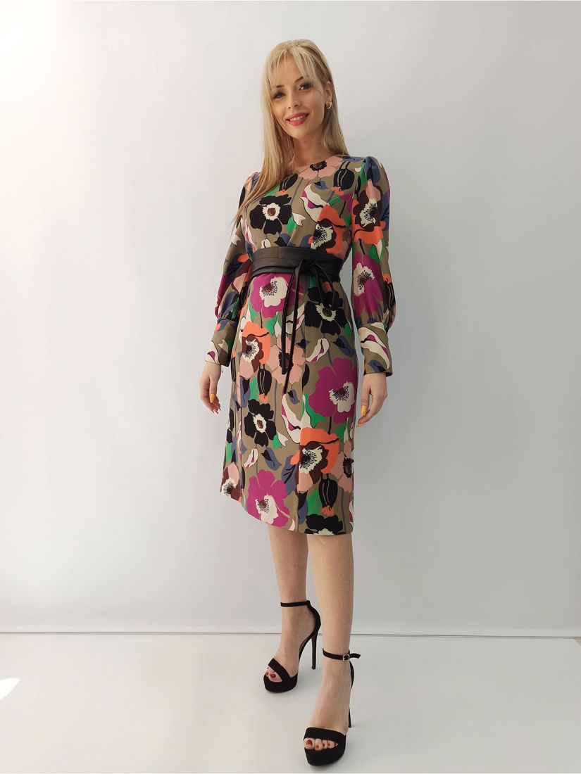 Φόρεμα φλοράλ κρεπ με ζώνη ελληνικής ραφής  μπεζ