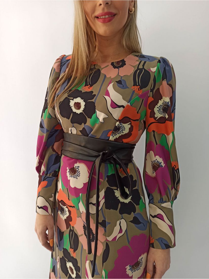 Φόρεμα φλοράλ κρεπ με ζώνη ελληνικής ραφής  μπεζ