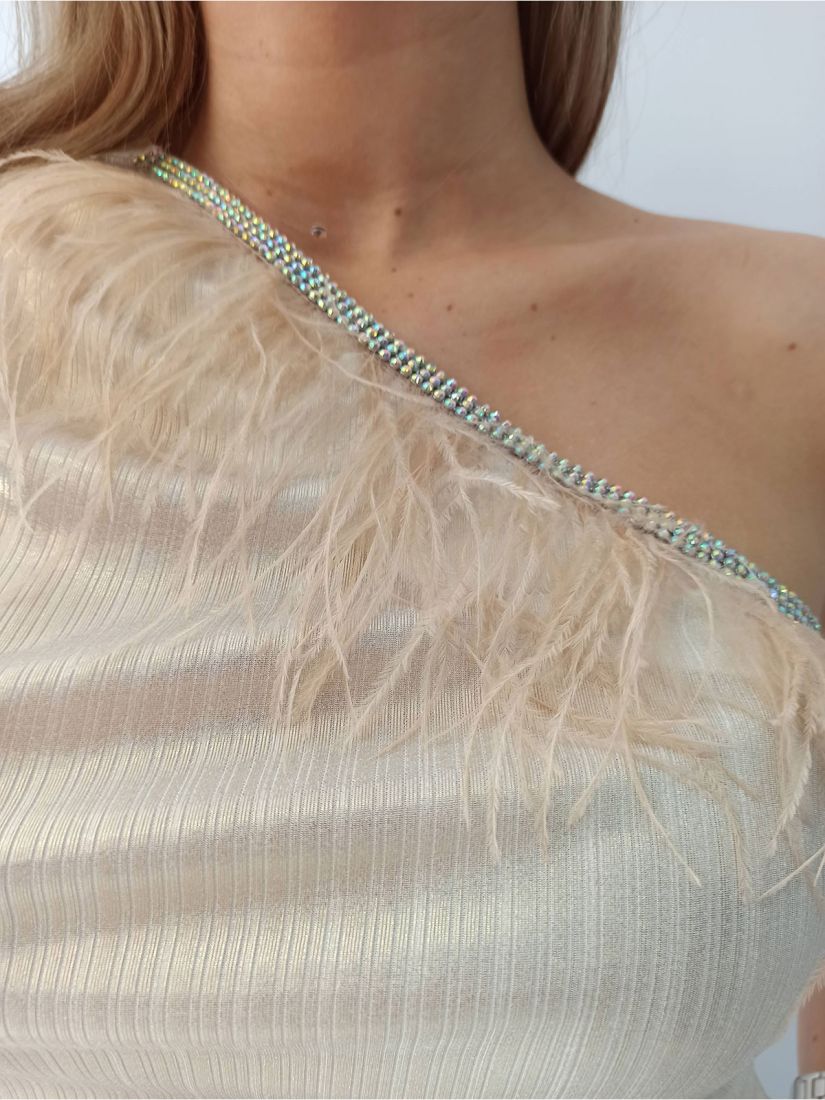 Μπλούζα με ένα μανίκι στρας και φτερά μπροστά ελληνικής ραφής εκρού