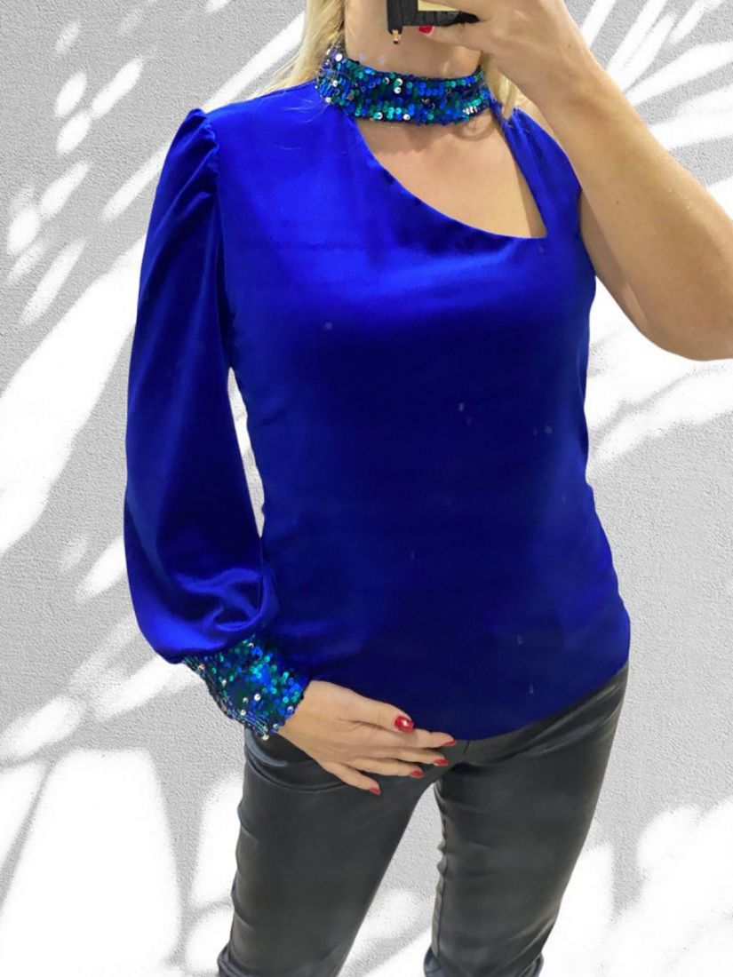 Μπλούζα με ένα μανίκι και τσόκερ με πούλιες ελληνικής ραφής μπλε