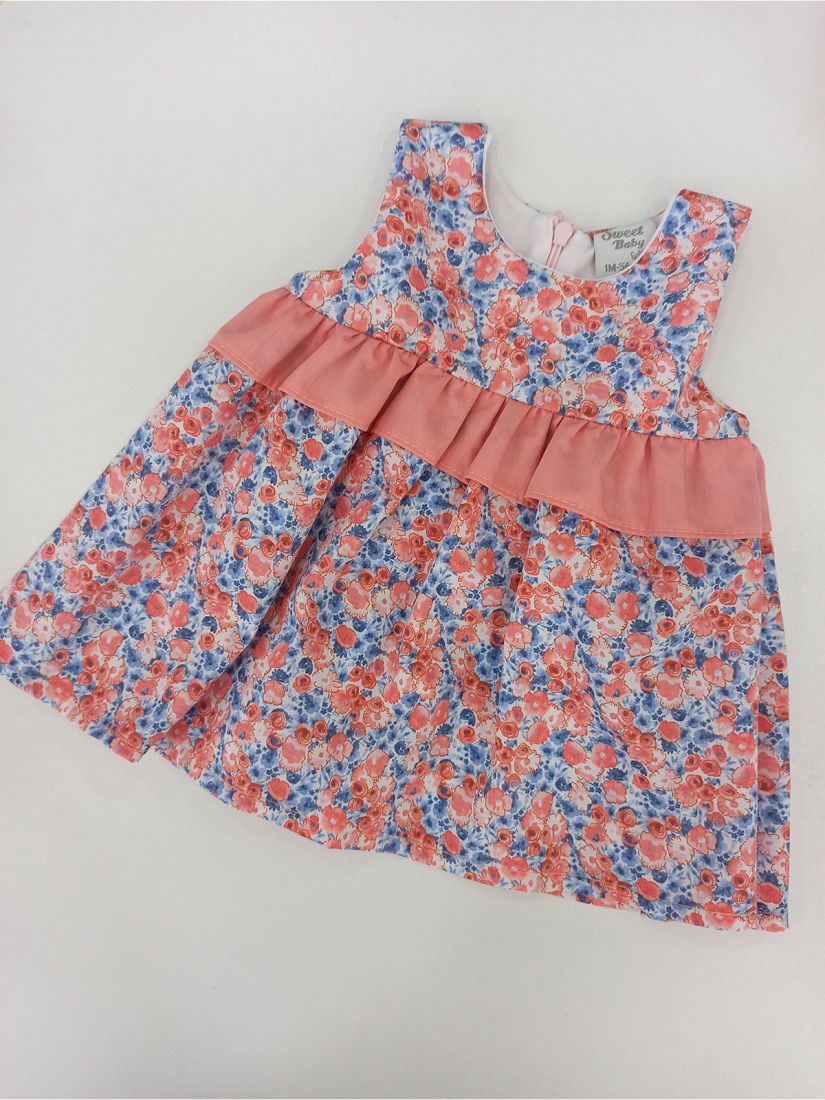 Φόρεμα φλοράλ βρεφικό με βολάν ελληνικής ραφής ροζ