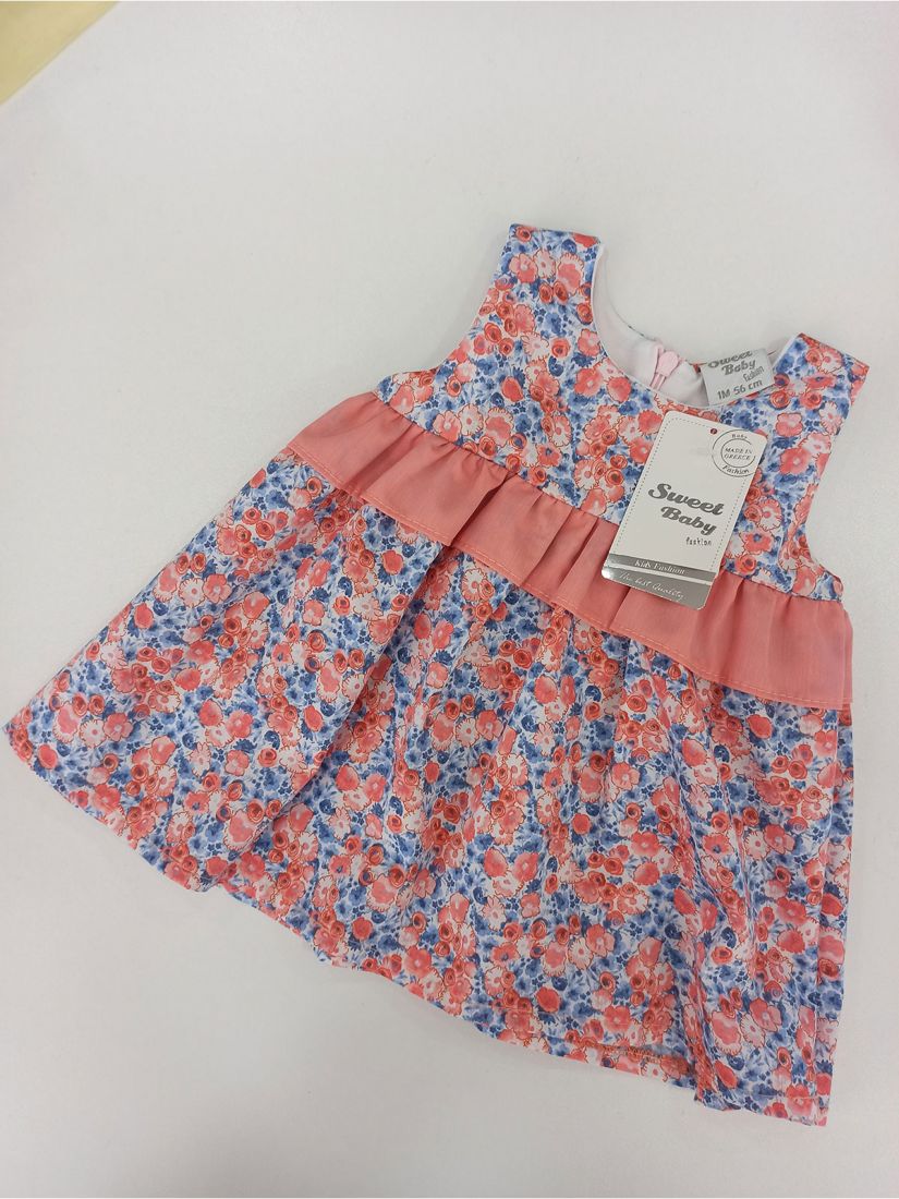 Φόρεμα φλοράλ βρεφικό με βολάν ελληνικής ραφής ροζ