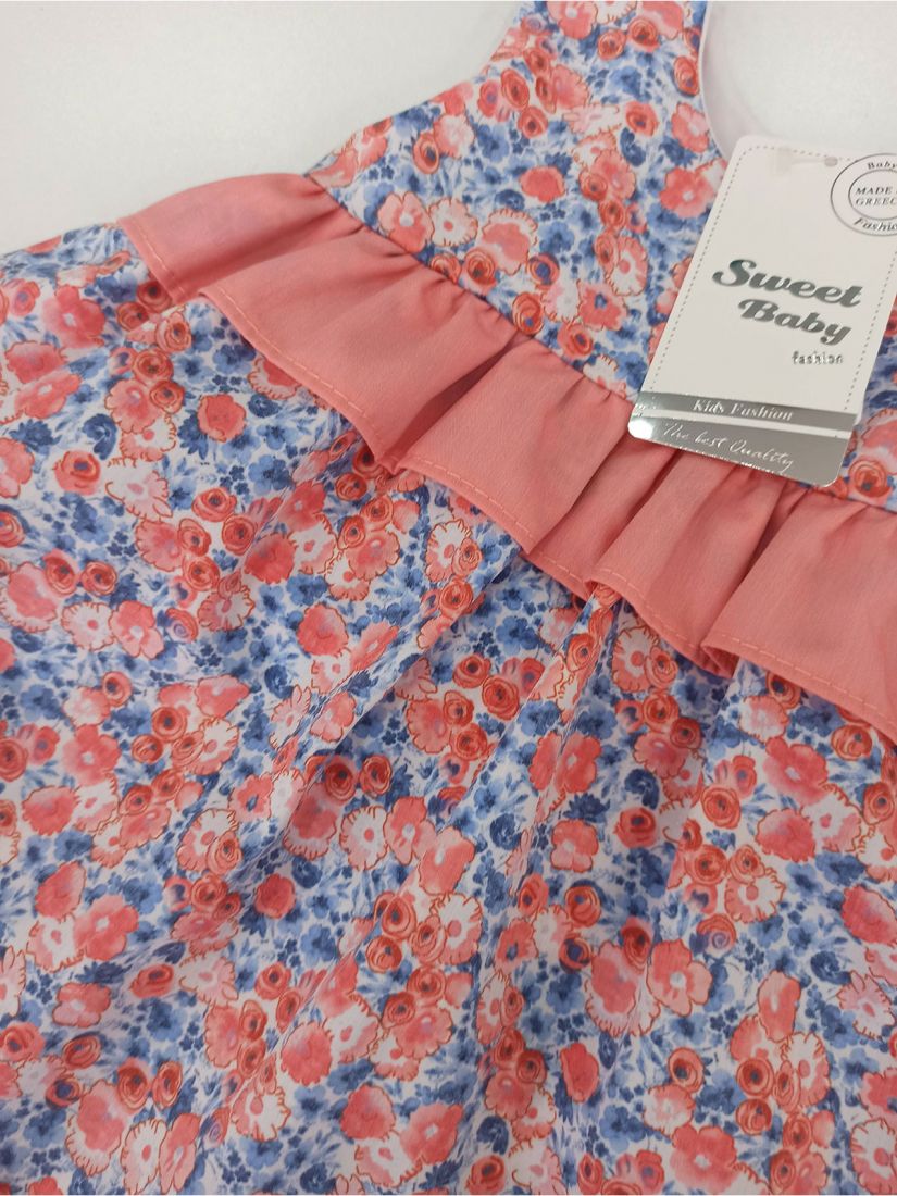 Φόρεμα φλοράλ βρεφικό με βολάν ελληνικής ραφής ροζ