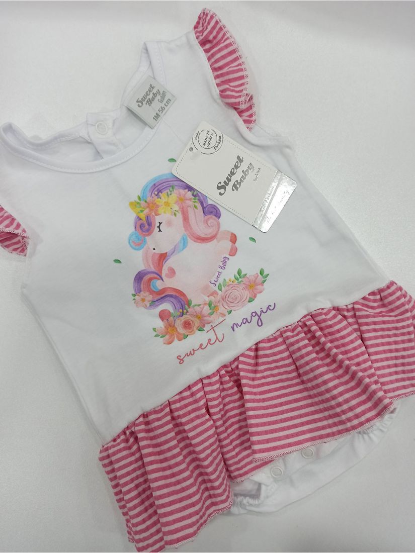 Φορμάκι βρεφικό unicorn με βολάν ελληνικής ραφής ροζ