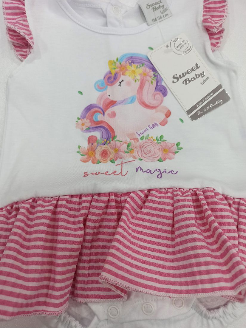 Φορμάκι βρεφικό unicorn με βολάν ελληνικής ραφής ροζ