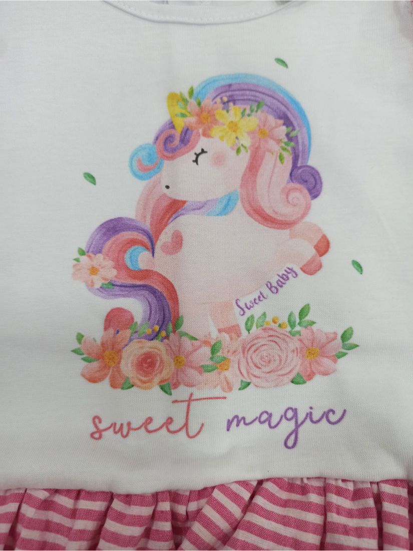 Φορμάκι βρεφικό unicorn με βολάν ελληνικής ραφής ροζ