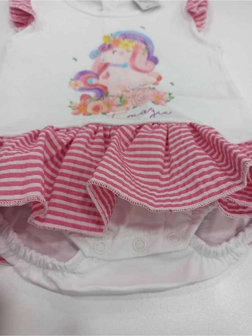 Φορμάκι βρεφικό unicorn με βολάν ελληνικής ραφής ροζ