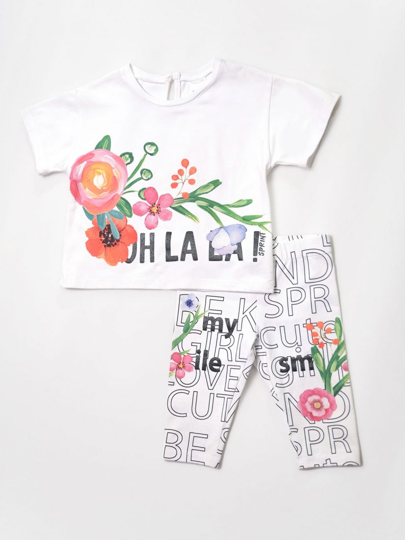 Σετ για κορίτσι φλοράλ ελληνικής ραφής με τύπωμα Oh La La λευκό