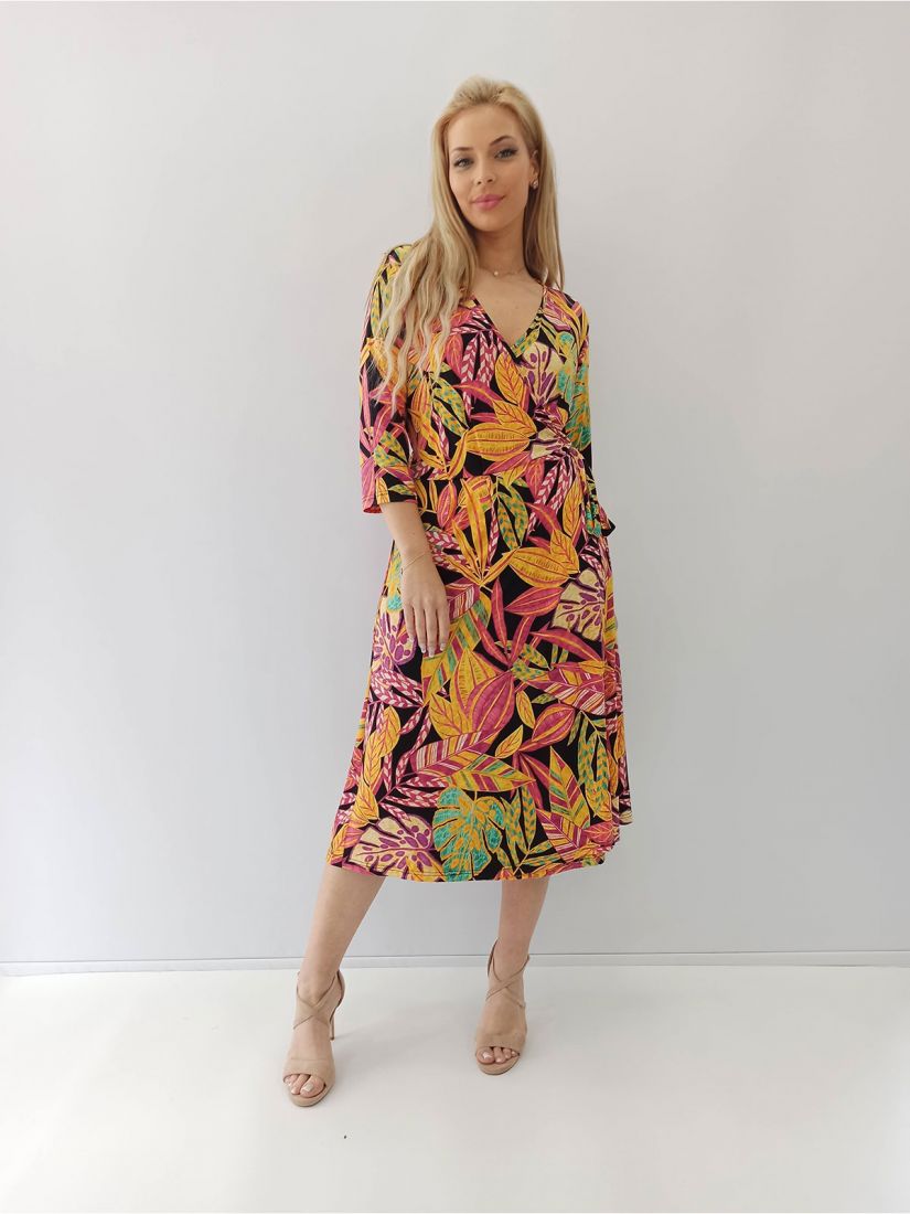 Φόρεμα φλοράλ με τρουακάρ μανίκι και δέσιμο ελληνικής ραφής φούξια