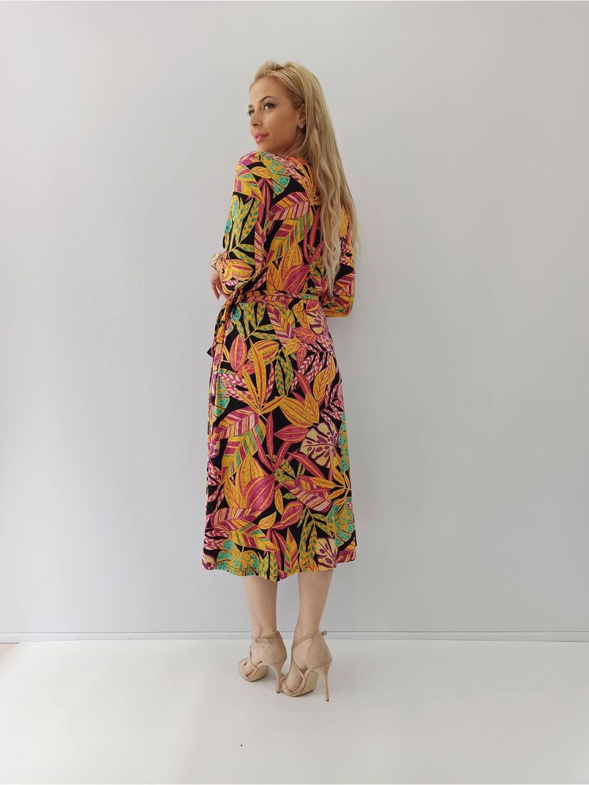 Φόρεμα φλοράλ με τρουακάρ μανίκι και δέσιμο ελληνικής ραφής φούξια