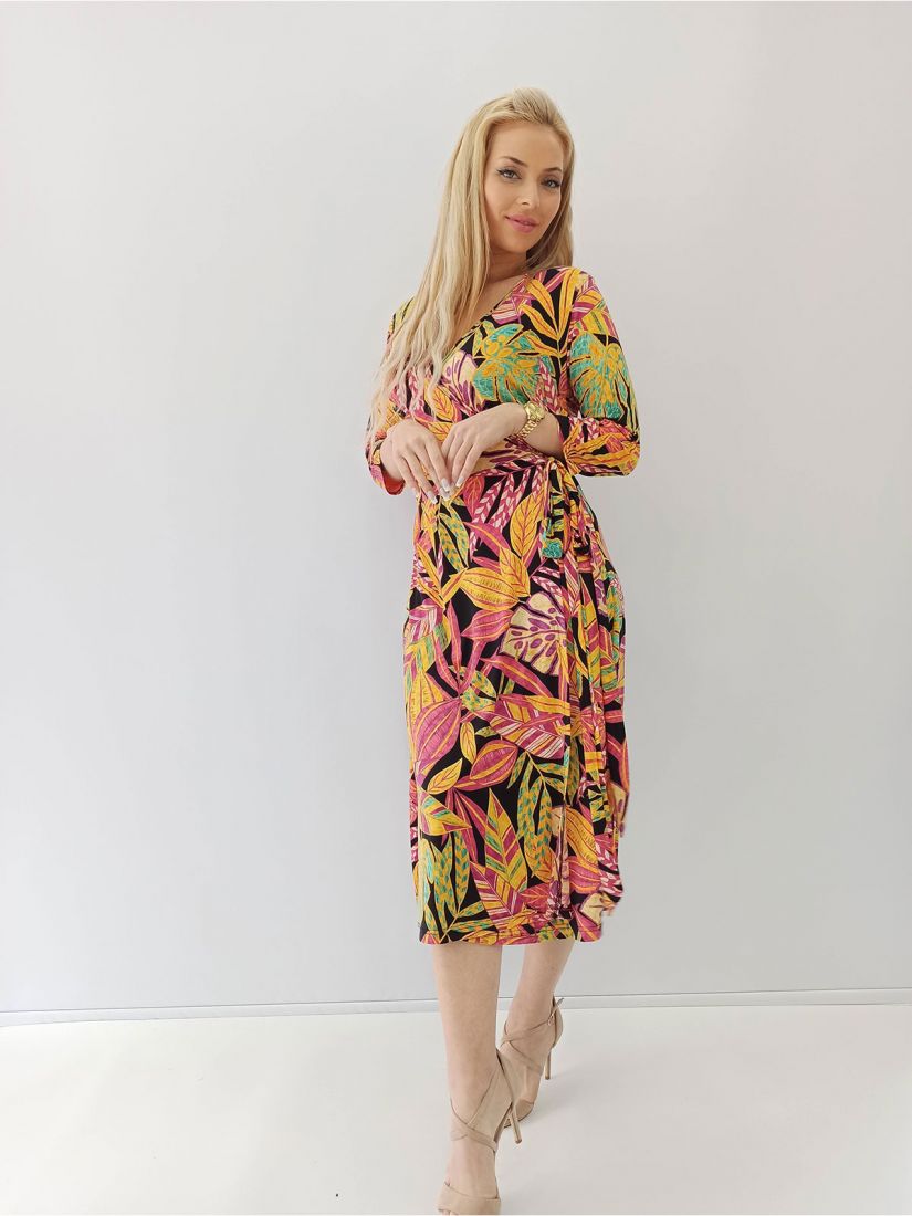 Φόρεμα φλοράλ με τρουακάρ μανίκι και δέσιμο ελληνικής ραφής φούξια