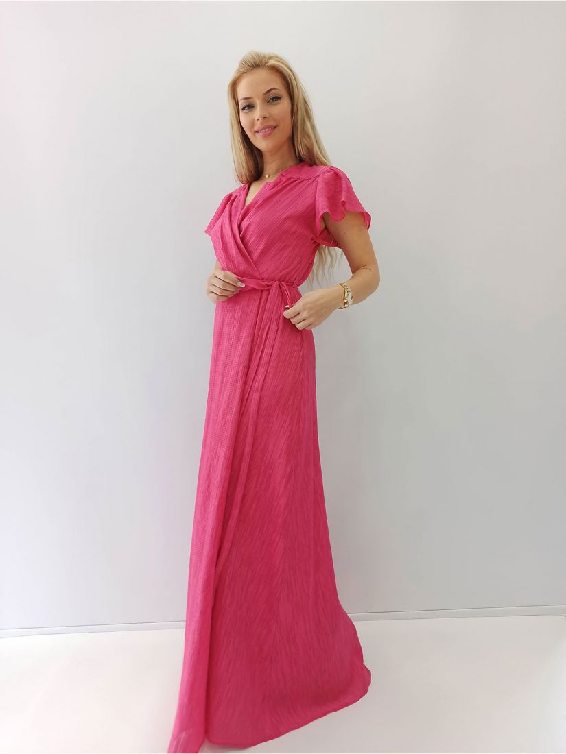 Φόρεμα κρουαζέ με δέσιμο στο πλάι και άνοιγμα ελληνικής ραφής φούξια