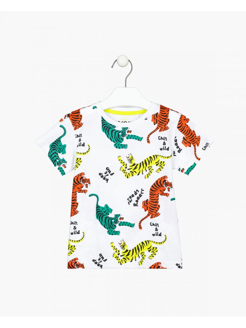 Μπλούζα κοντομάνικι με print πολύχρωμοι τίγρεις λευκό