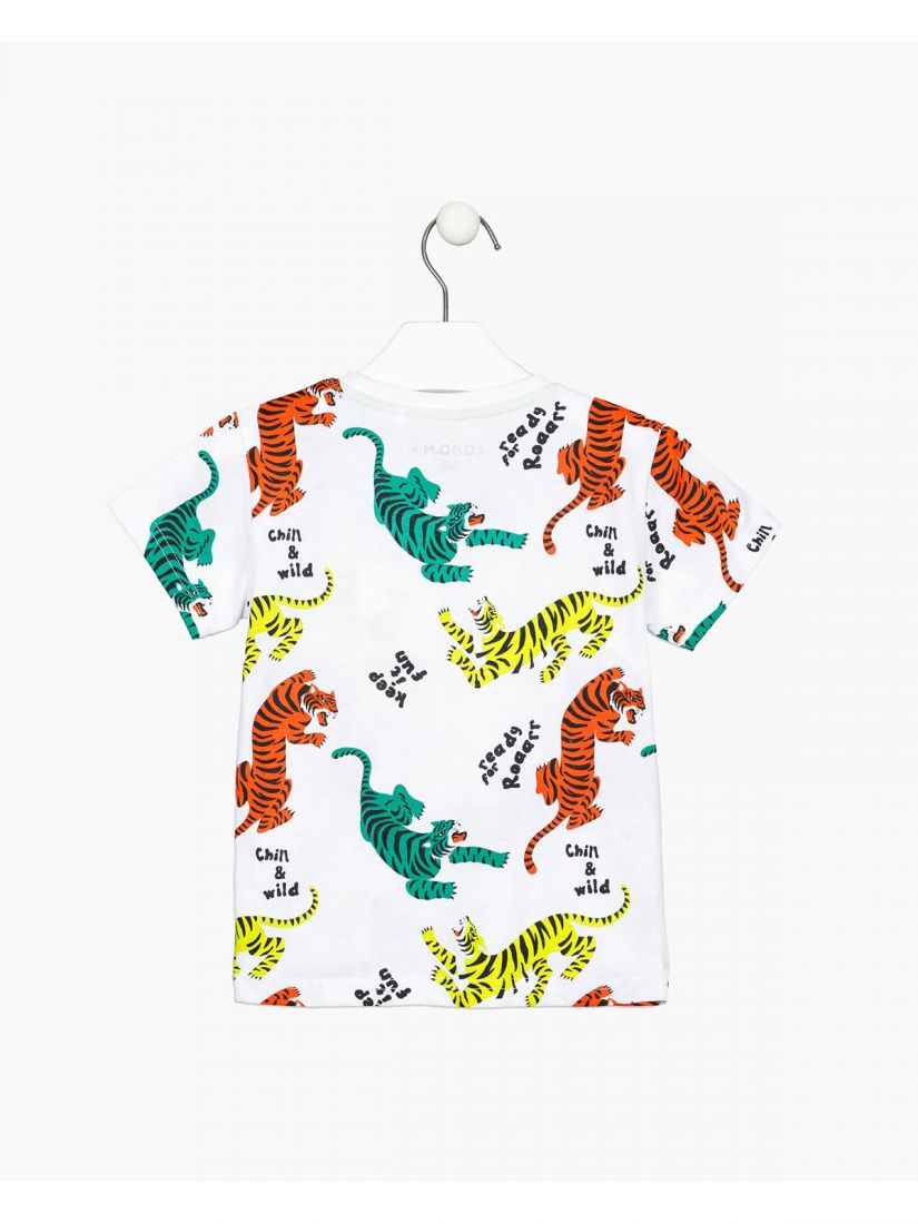 Μπλούζα κοντομάνικι με print πολύχρωμοι τίγρεις λευκό