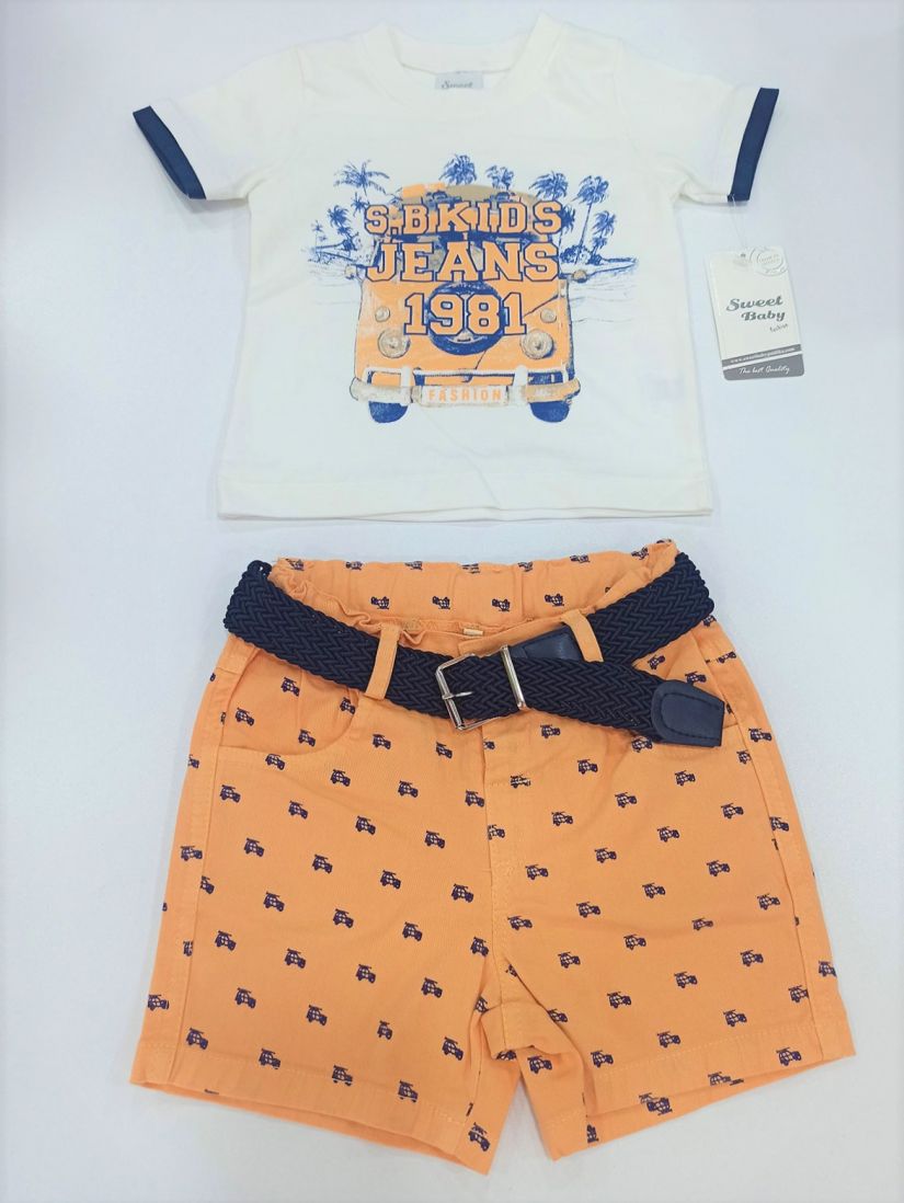 Σετ S.b. kids Jeans με βερμούδα και ζώνη ελληνικής ραφής πορτοκαλί