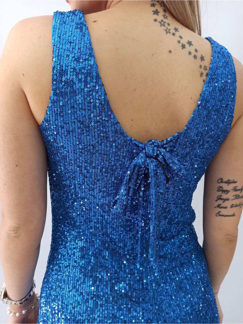 Φόρεμα παγιέτα με δέσιμο στην πλάτη ελληνικής ραφής μπλε