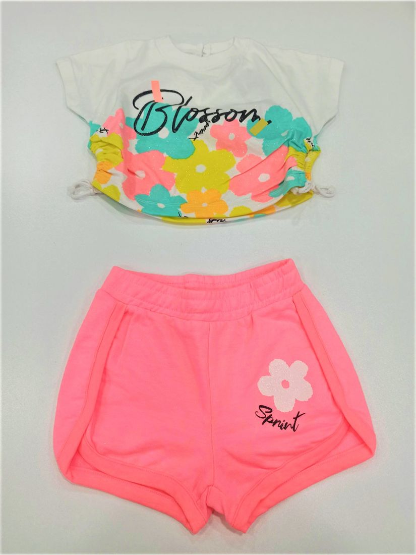 Σετ με φλοράλ κροπ τοπ με γκλίτερ και σορτς ελληνικής ραφής ροζ
