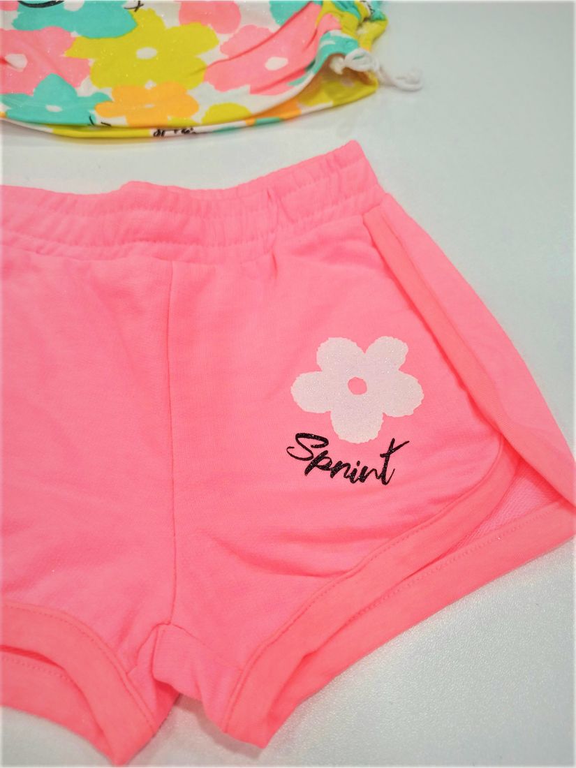 Σετ με φλοράλ κροπ τοπ με γκλίτερ και σορτς ελληνικής ραφής ροζ