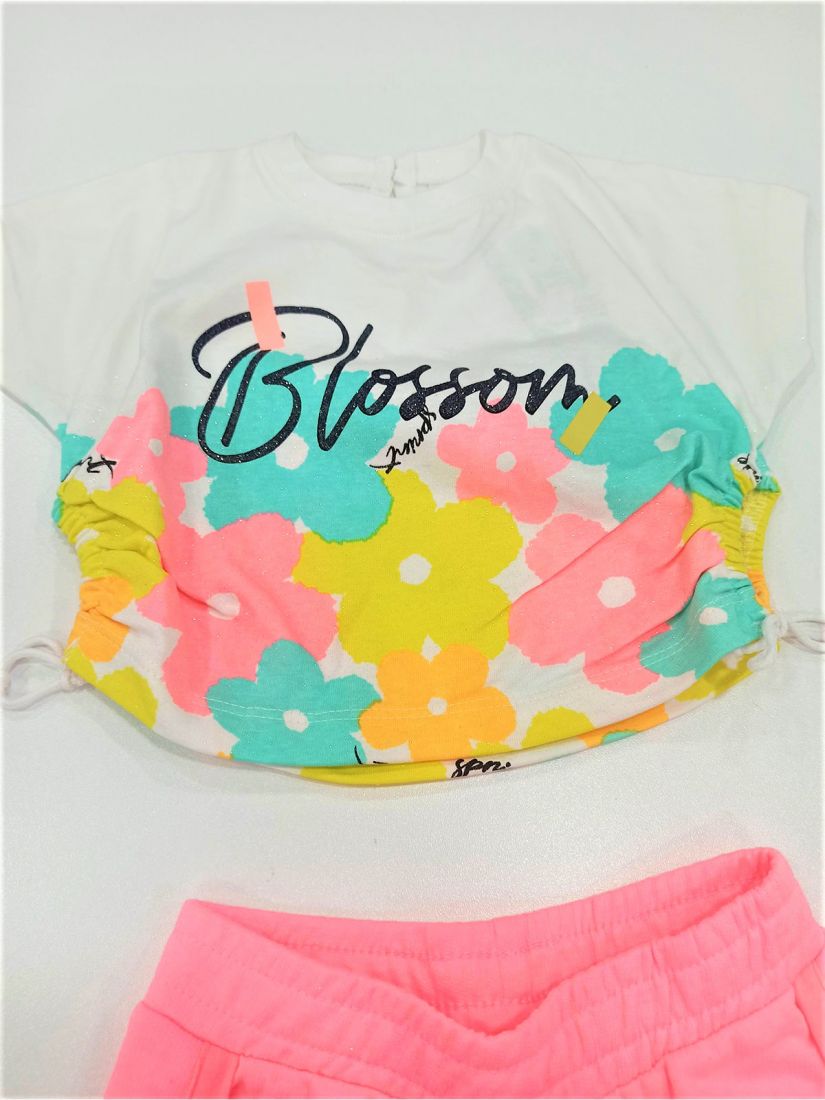 Σετ με φλοράλ κροπ τοπ με γκλίτερ και σορτς ελληνικής ραφής ροζ