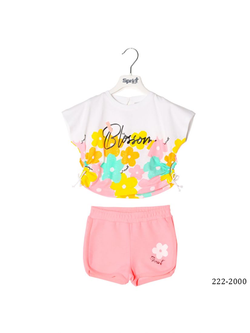 Σετ με φλοράλ κροπ τοπ με γκλίτερ και σορτς ελληνικής ραφής ροζ