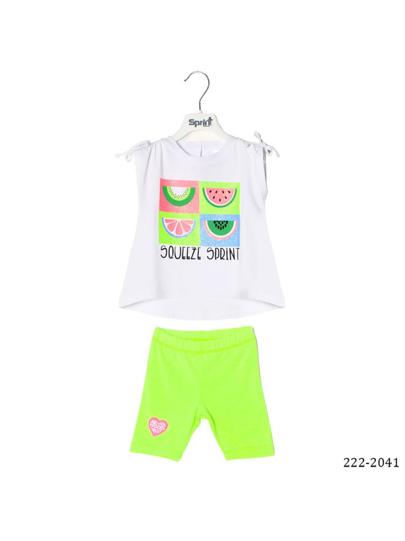 Σετ μπλούζα με γκλίτερ και print summer fruits και ποδηλατικό κολάν ελληνικής ραφής λάιμ