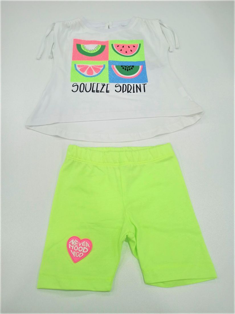 Σετ μπλούζα με γκλίτερ και print summer fruits και ποδηλατικό κολάν ελληνικής ραφής λάιμ