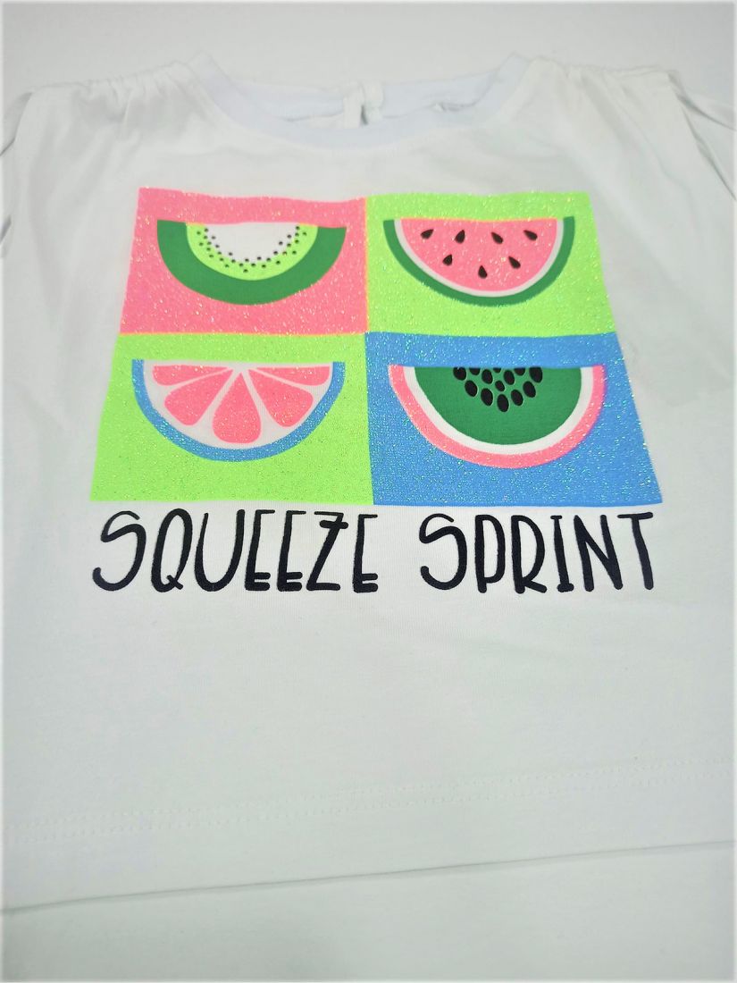 Σετ μπλούζα με γκλίτερ και print summer fruits και ποδηλατικό κολάν ελληνικής ραφής λάιμ