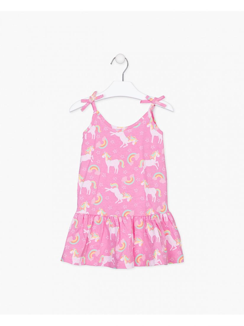 Φόρεμα τιράντα με βολάν και print μονόκεροι ροζ