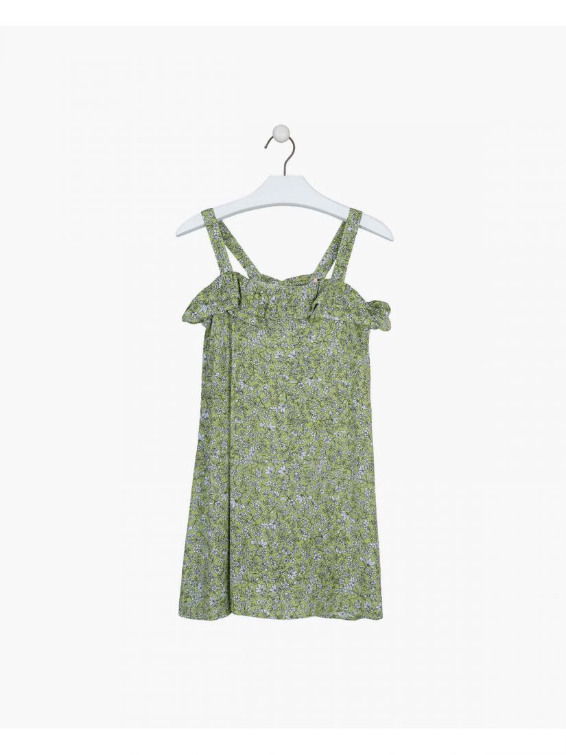 Φόρεμα με τιράντες εμπριμέ με βολάν πράσινο