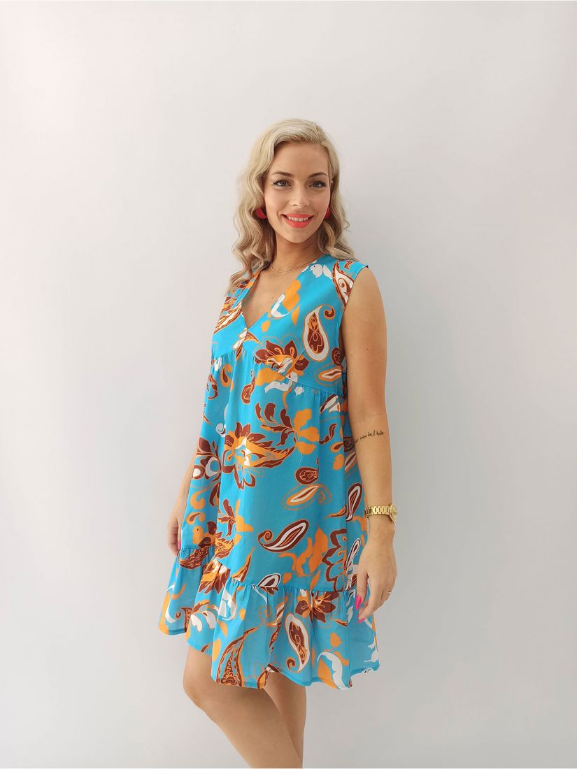 Φόρεμα εμπριμέ boho με βολάν ελληνικής ραφής τυρκουάζ