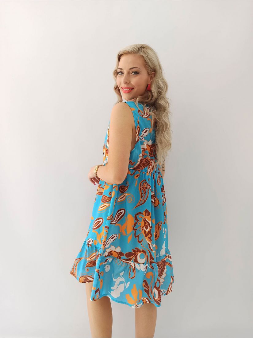 Φόρεμα εμπριμέ boho με βολάν ελληνικής ραφής τυρκουάζ