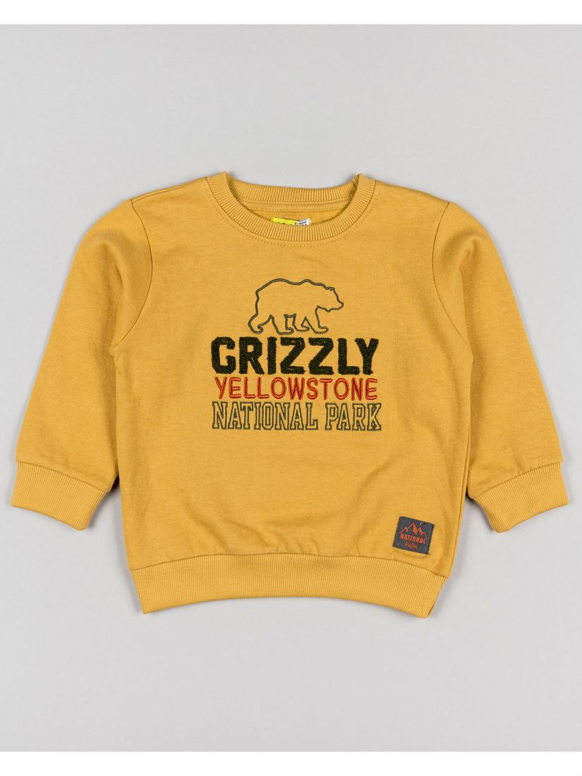 Μπλούζα φούτερ μονόχρωμη με print grizzly national park μουσταρδί