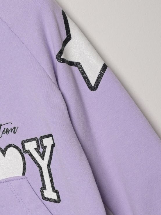 Φόρεμα φούτερ με τσέπη και print stars με glitter ελληνικής ραφής λιλά