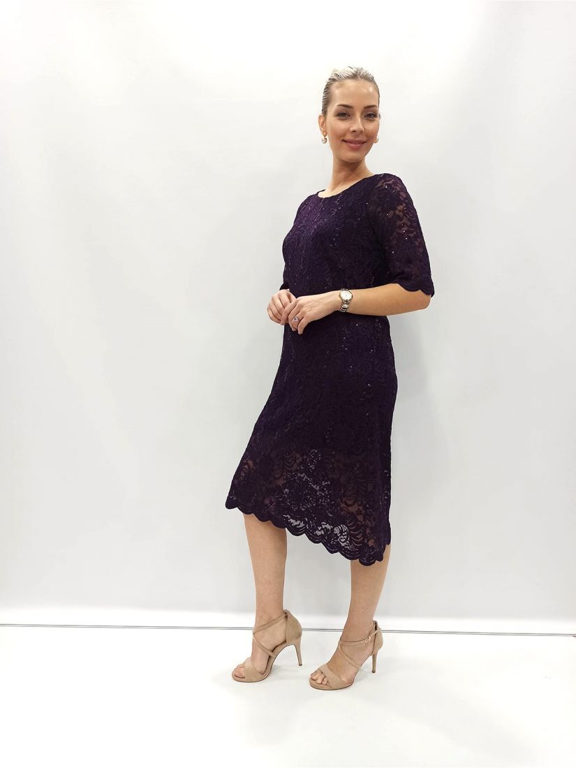 Φόρεμα μίντι δαντέλα και πούλιες ελληνικής ραφής μωβ