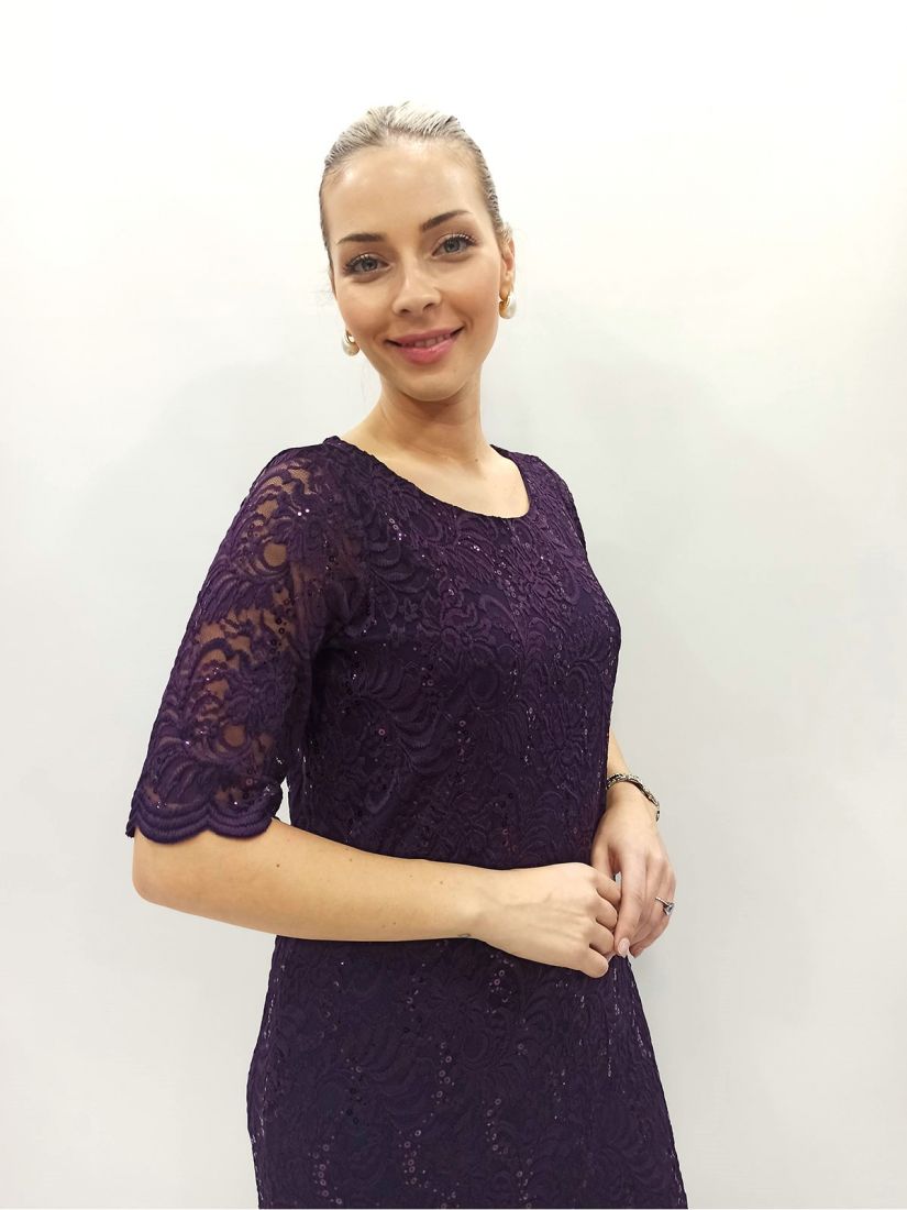 Φόρεμα μίντι δαντέλα και πούλιες ελληνικής ραφής μωβ