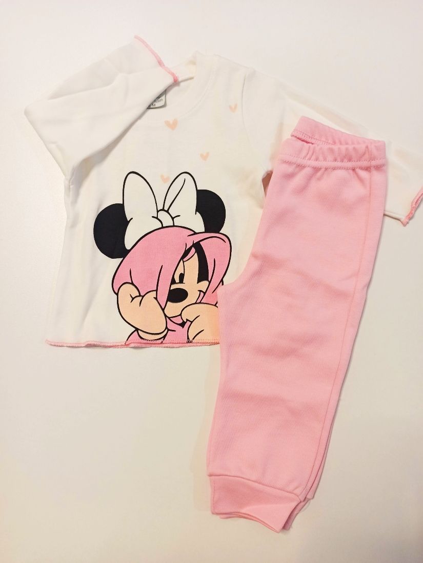 Πυτζάμα βρεφική με μονόχρωμο παντελόνι και print minnie ροζ