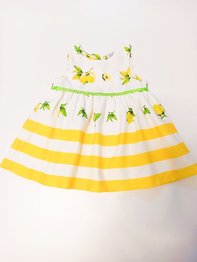 Φόρεμα με print λεμονάκια και κουμπάκια στην πλάτη ελληνικής ραφής λευκό