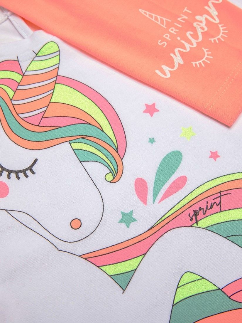 Σετ βαμβακερό με κροπ τοπ και κάπρι κολάν print unicorn με γλίτερ λεπτομέρειες ελληνικής ραφής κοραλί