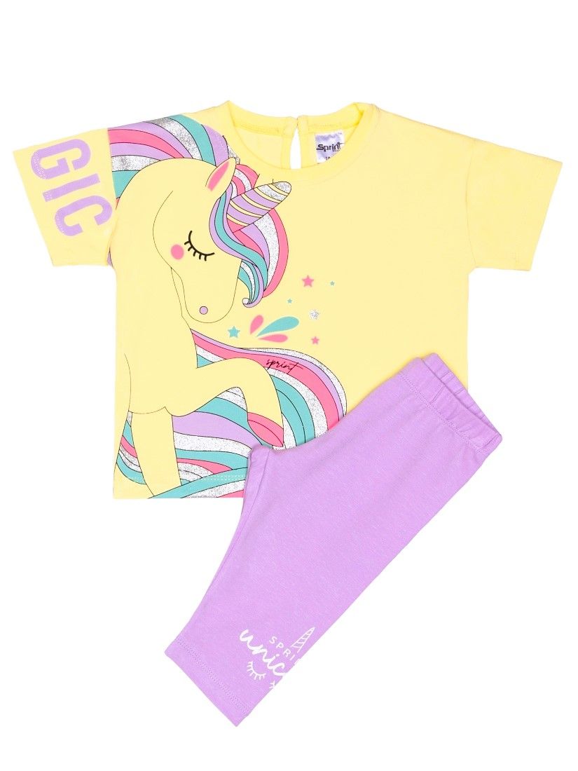 Σετ βαμβακερό με κροπ τοπ και κάπρι κολάν print unicorn με γλίτερ λεπτομέρειες ελληνικής ραφής λιλά