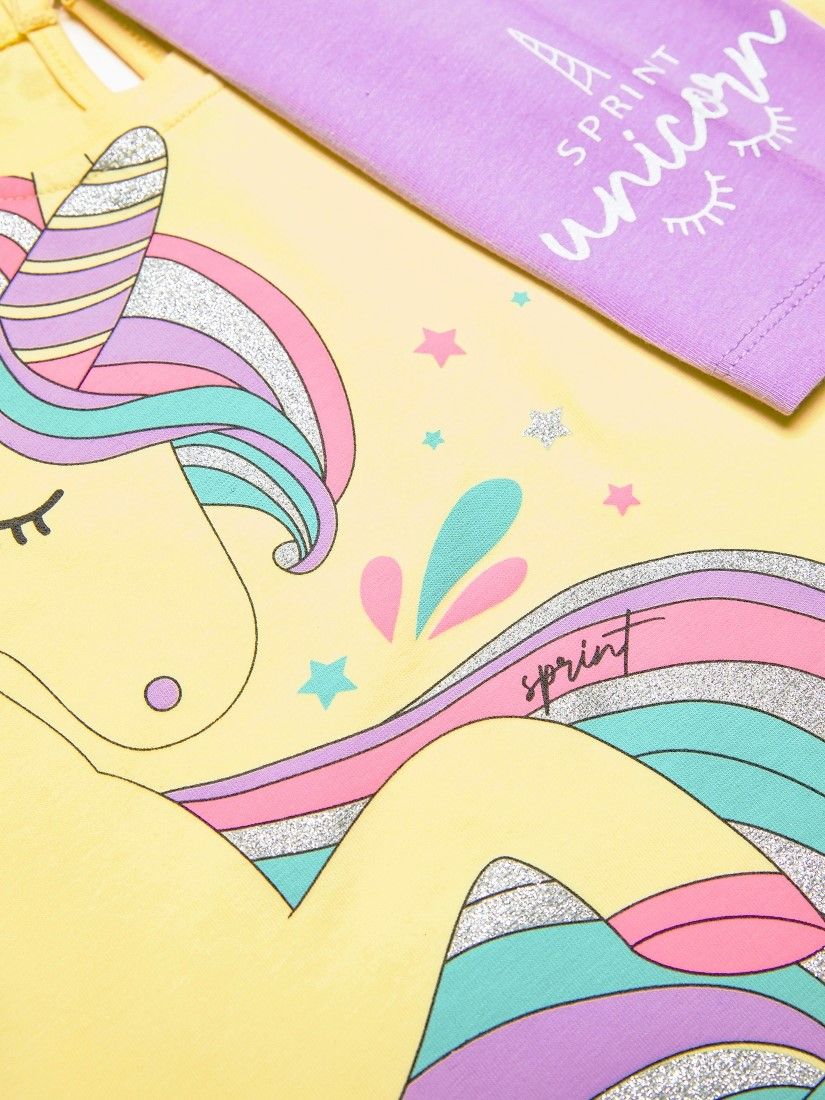 Σετ βαμβακερό με κροπ τοπ και κάπρι κολάν print unicorn με γλίτερ λεπτομέρειες ελληνικής ραφής λιλά