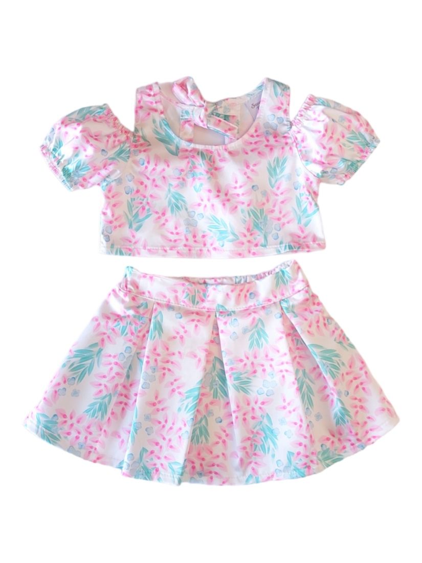 Σετ σατέν κροπ τοπ με έξω ώμους και φούστα φλοράλ ελληνικής ραφής βεραμάν