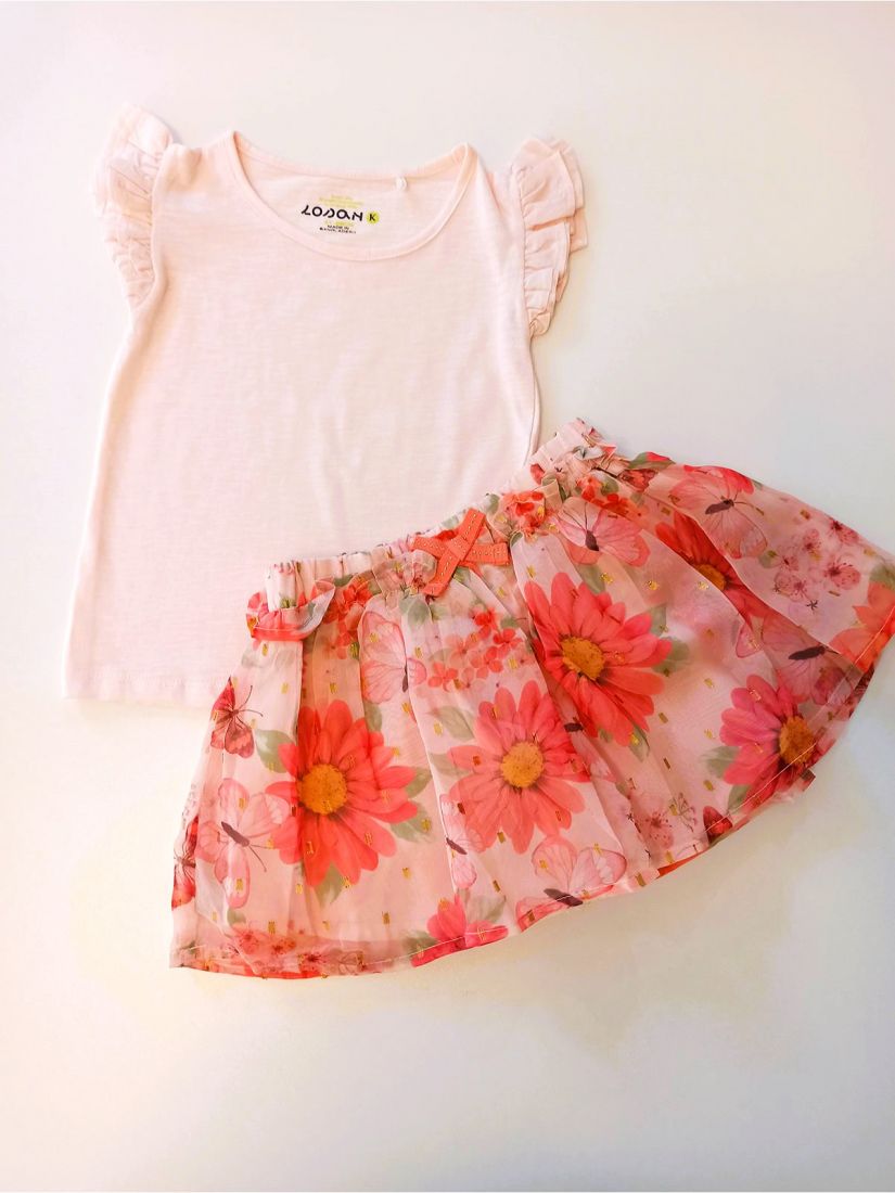 Σετ μπλούζα με βολάν και φούστα tutu με floral print και glitter κοραλί