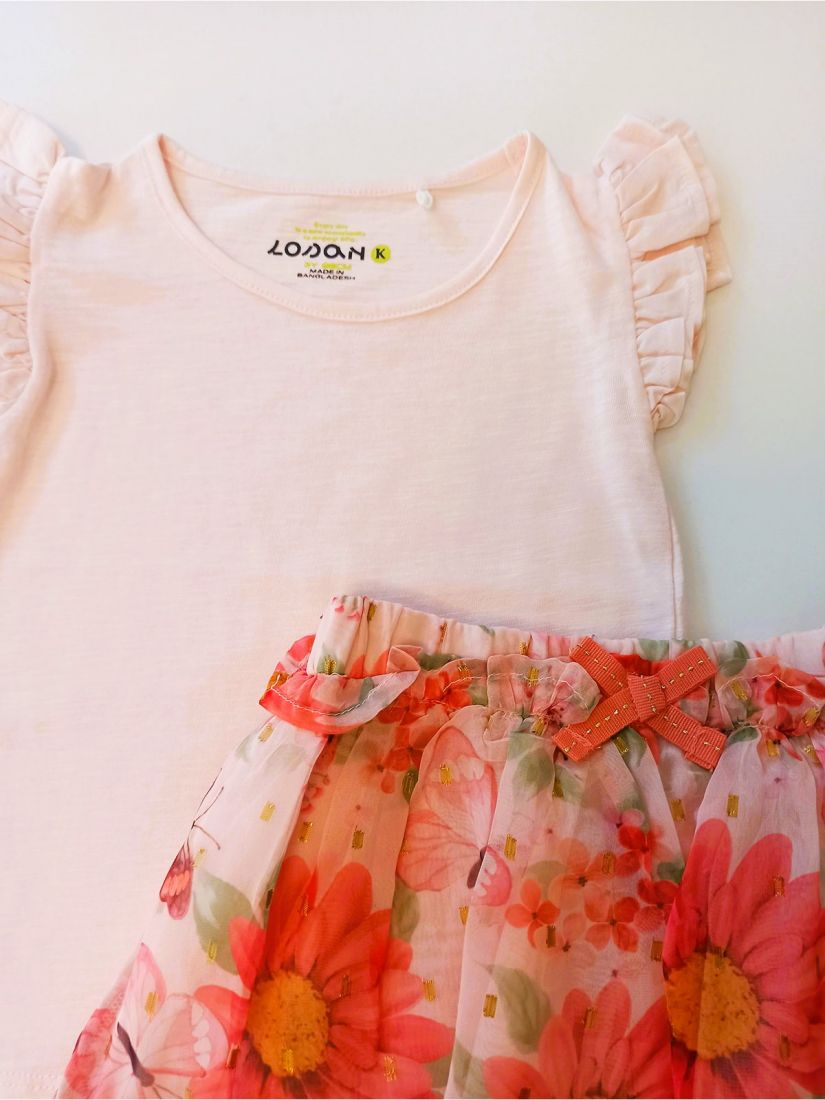 Σετ μπλούζα με βολάν και φούστα tutu με floral print και glitter κοραλί