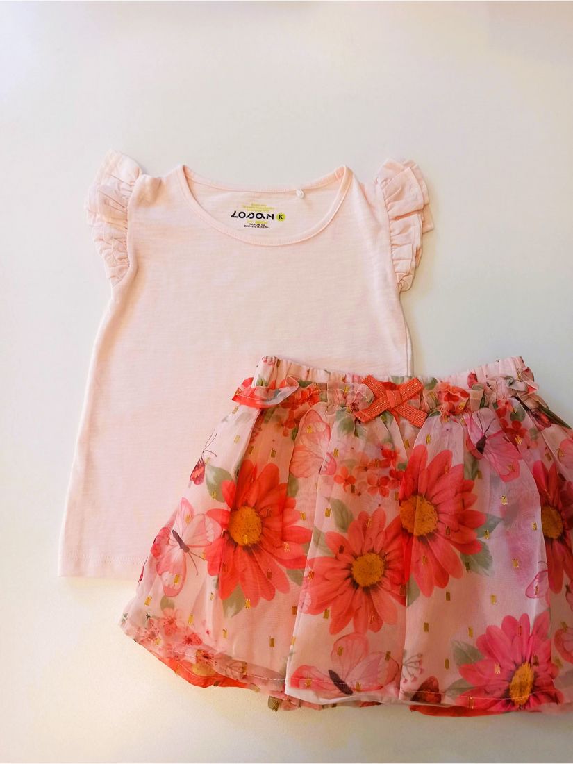 Σετ μπλούζα με βολάν και φούστα tutu με floral print και glitter κοραλί