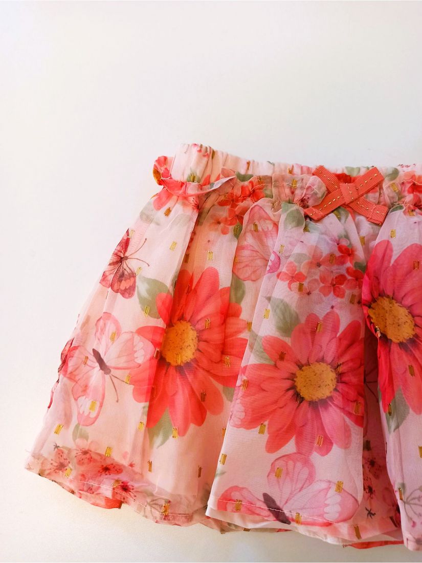 Σετ μπλούζα με βολάν και φούστα tutu με floral print και glitter κοραλί