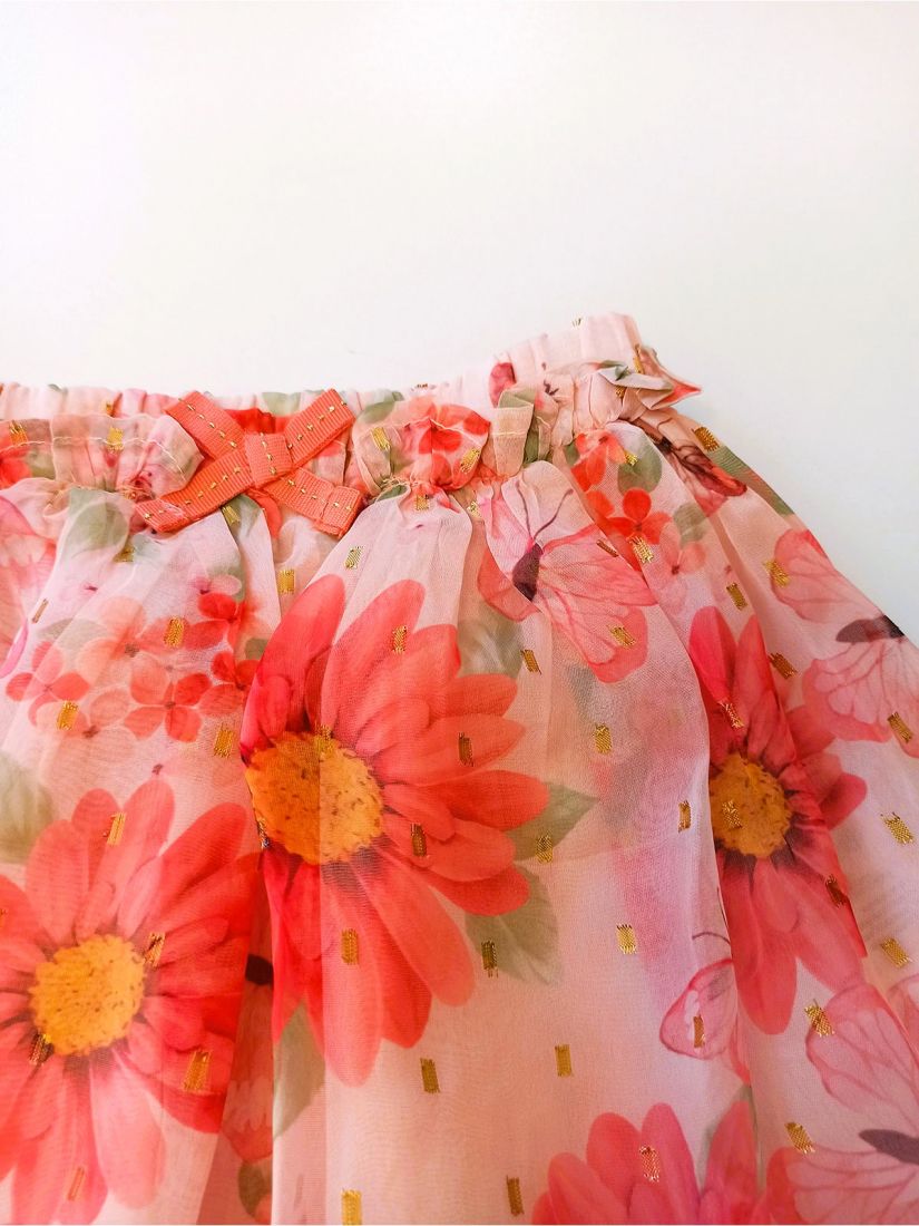 Σετ μπλούζα με βολάν και φούστα tutu με floral print και glitter κοραλί