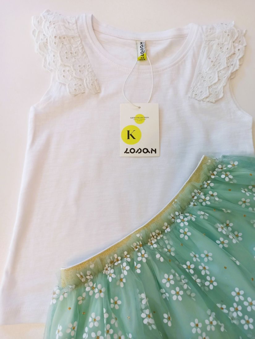 Σετ μπλούζα με κεντητό βολάν και φόυστα με floral print και πουά glitter βεραμάν